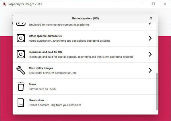 Raspberry Pi Imager OS wählen