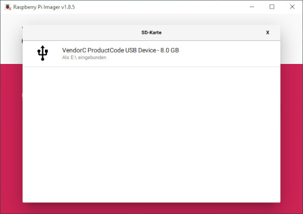 Raspberry Pi Imager Auswahl USB-Stick