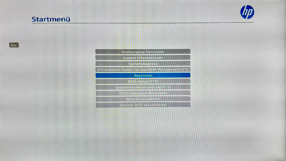 HP UEFI BIOS Auswahlmenü