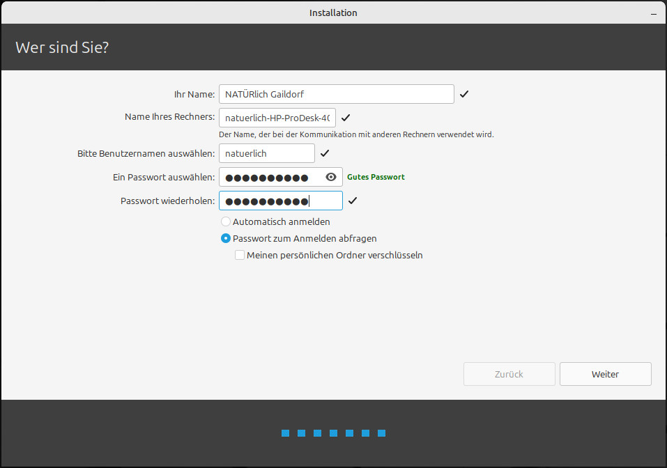 Linux Mint persönliche Angaben
