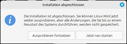 Linux Mint Installation abgeschlossen