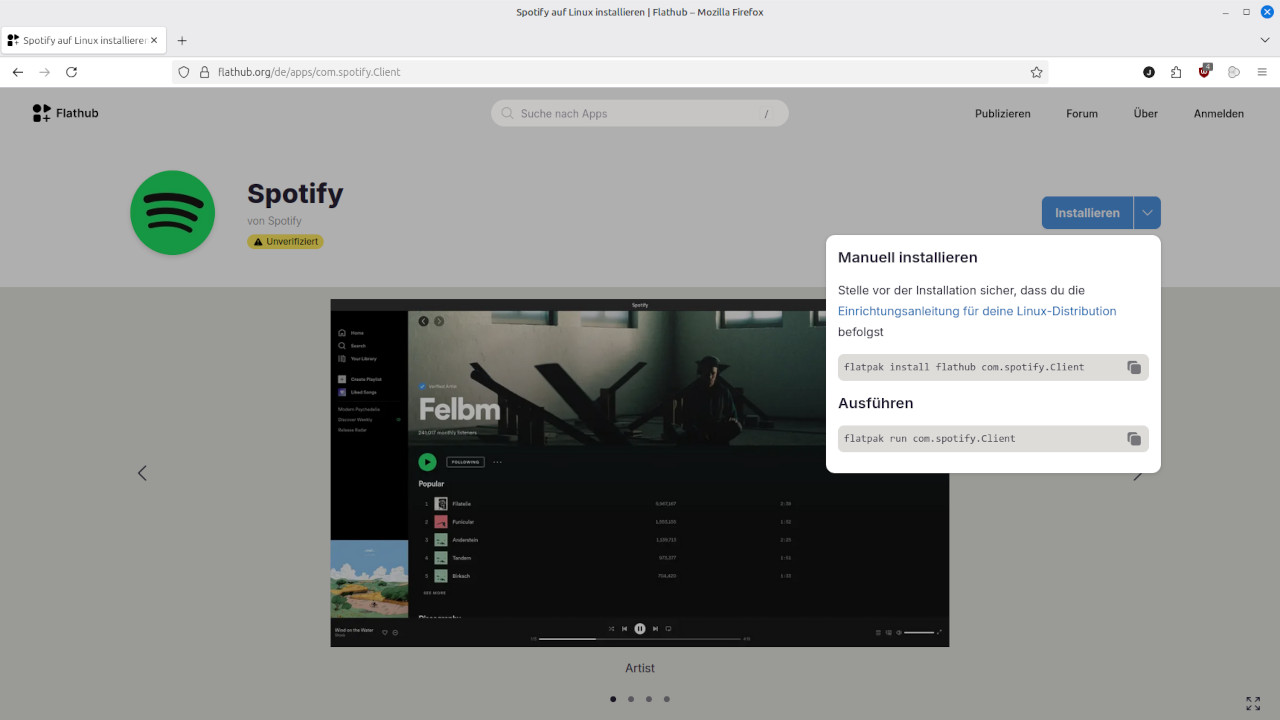 Flathub Installationsbefehl für Spotify